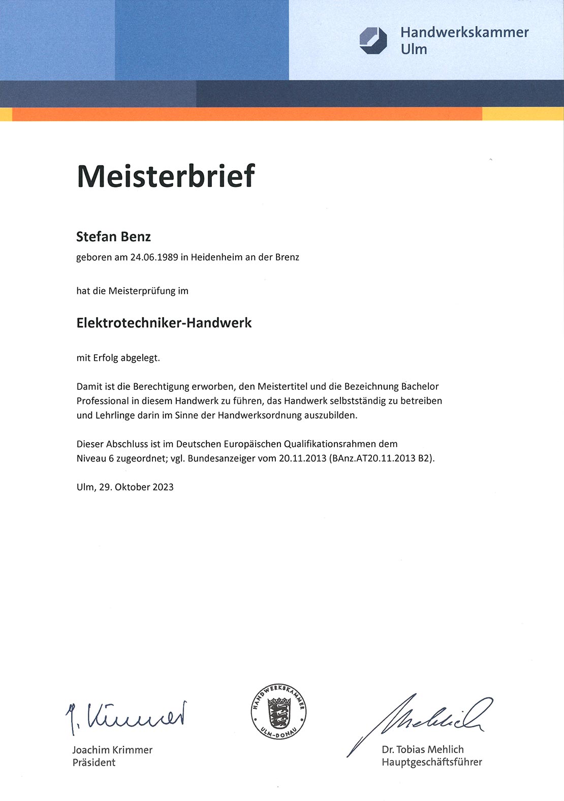 Stefan Benz - Zertifizierung