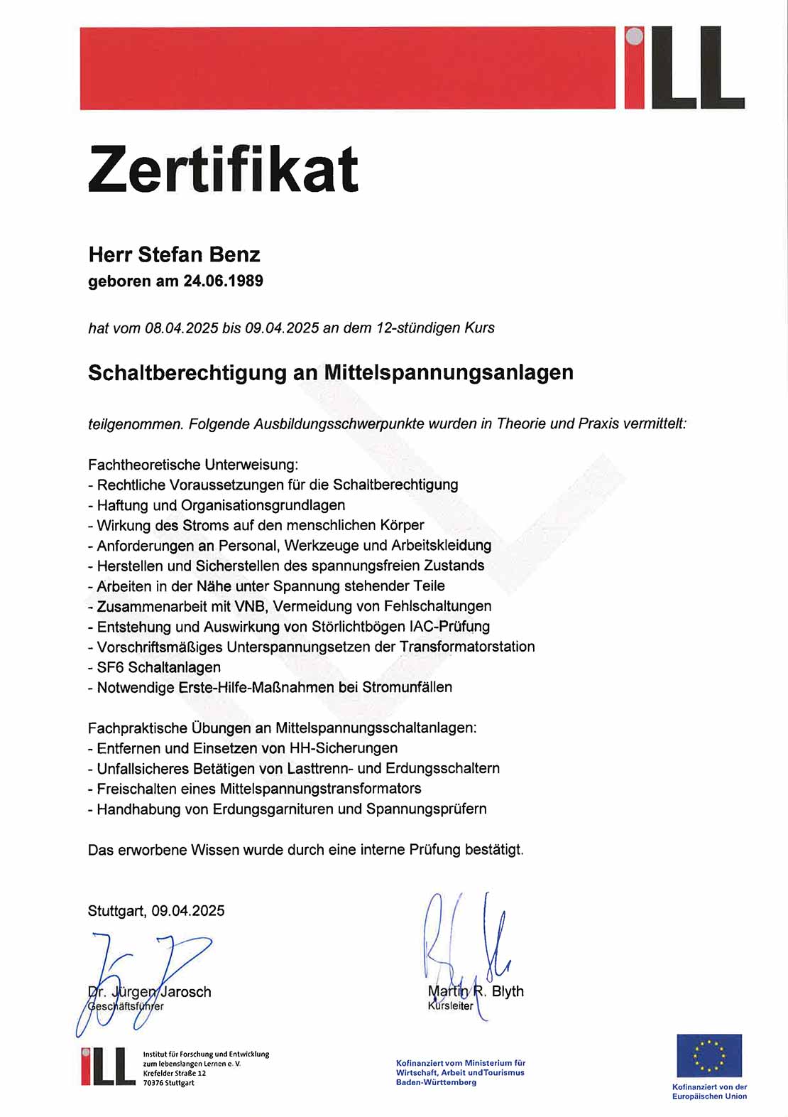 Stefan Benz - Zertifizierung
